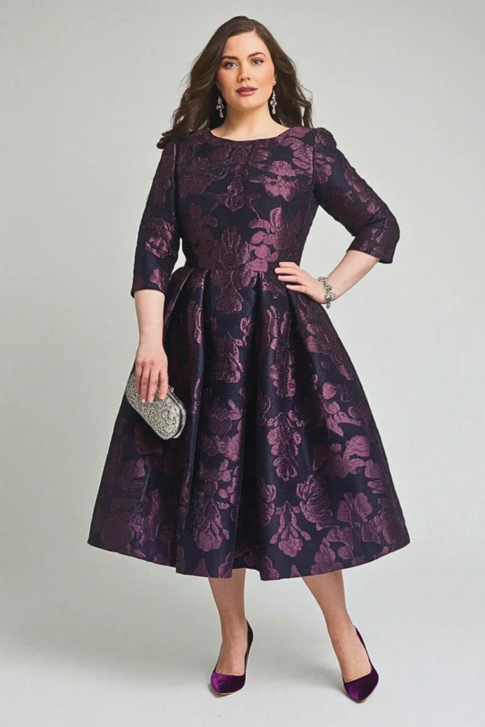 Dark Garden Jacquard Plus Size Floral Wedding Guest Dress