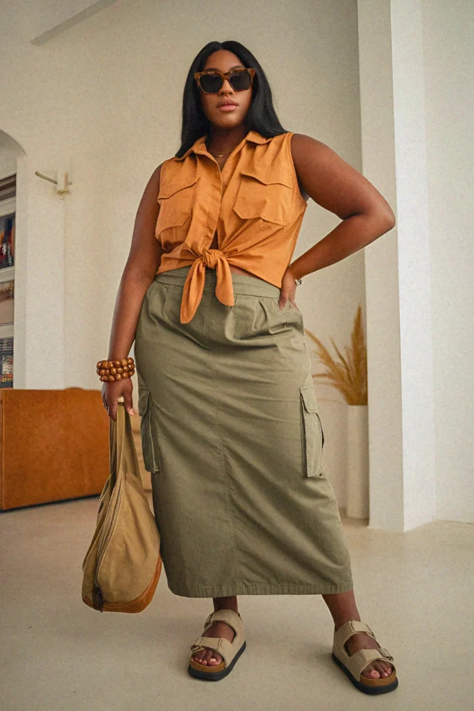 Plus Size Summer Safari-Inspired Long Skirt Outfit
