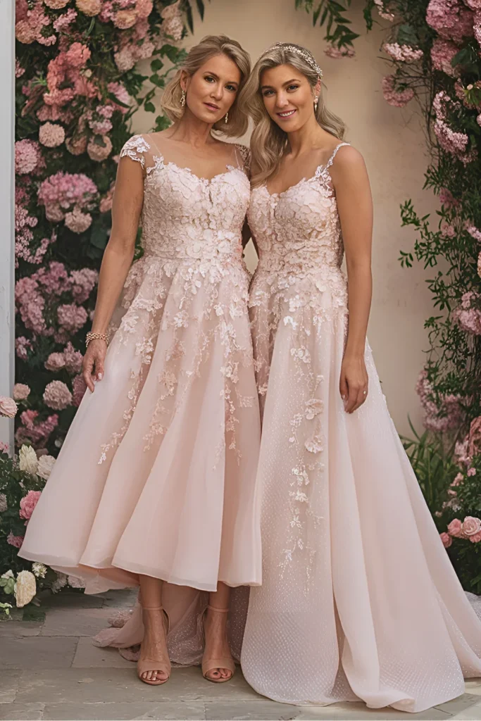 Romantic Blush Floral AppliqueÌ Illusion Cap Sleeve Mother of the Bride A-line Dress