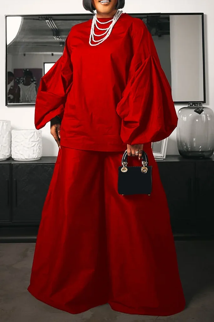 Plus Size Valentine's Red Round Neck Long Sleeve Pocket Two Piece Pant Set