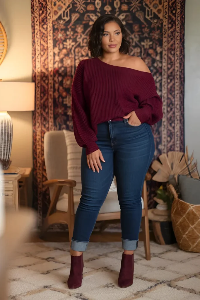 Winter Curvy Mom Off-Shoulder Sweater and Jeans Outfit