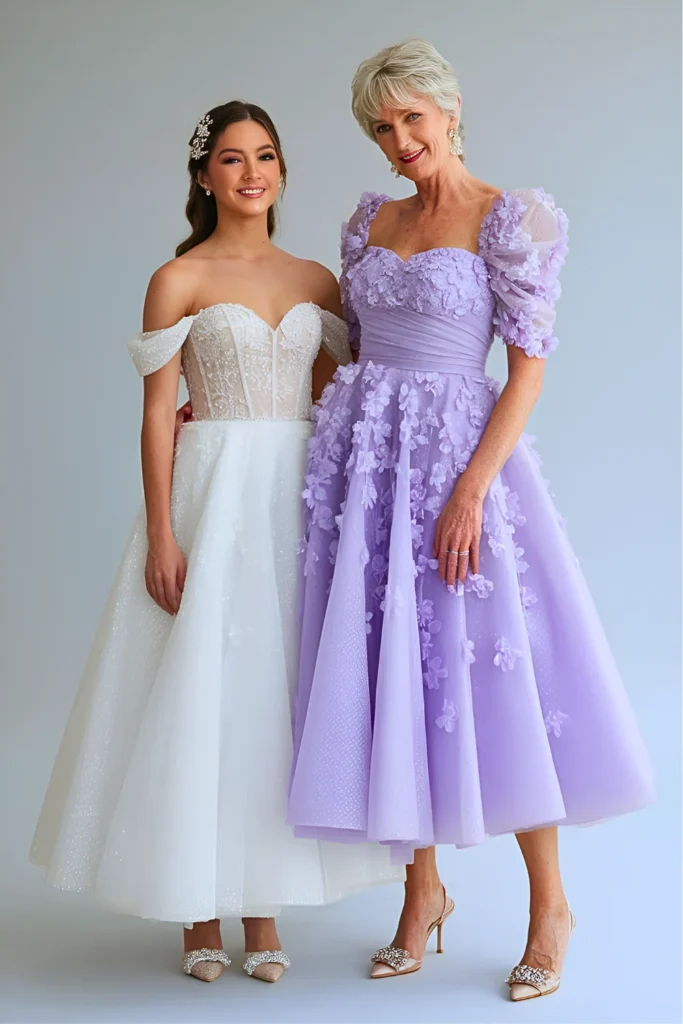 Whimsical Lavender Tulle Tea Length Dress with Floral AppliqueÌs