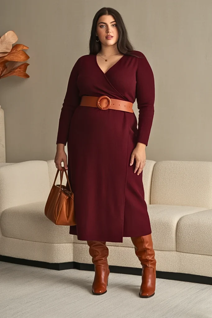 Plus Size Deep Burgundy Dress Autumn Outfit