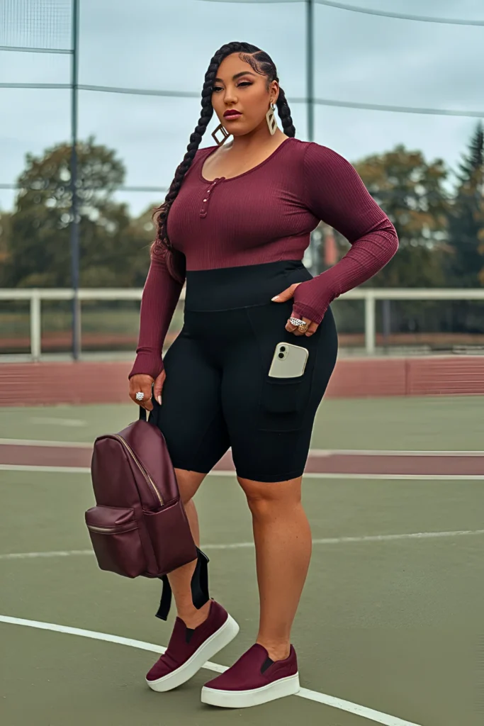 Plus Size Summer Ribbed Henley Bodysuit Athleisure Outfit