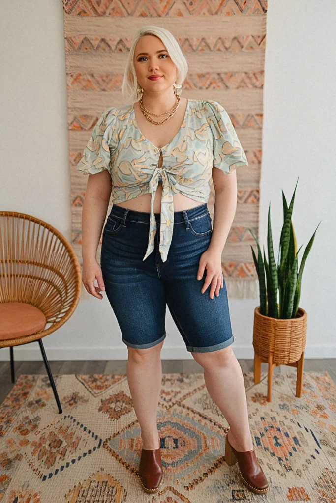 Plus Size Summer Knee-Length Denim Bermuda and Tie-Front Blouse Mom Outfit