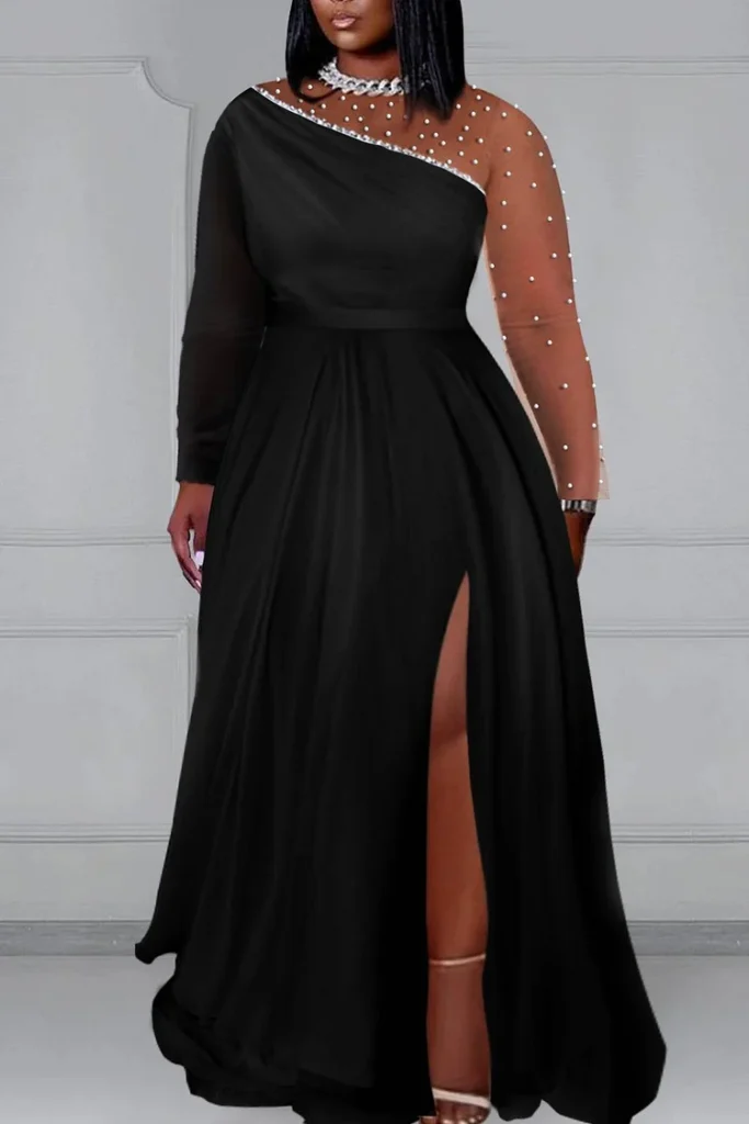 Plus Size Prom Black Split Pearls Maxi Dress