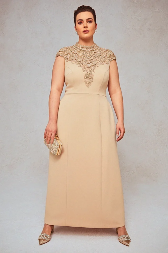 Plus Size Beaded Neckline Column Wedding Guest Dress