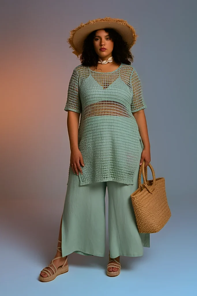 Plus Size Crochet Tunic & Iridescent Pants Beach Outfit