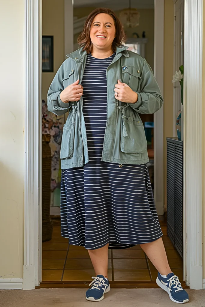 Plus Size Striped Midi Dress and Utility Jacket Spring Mom Outfit