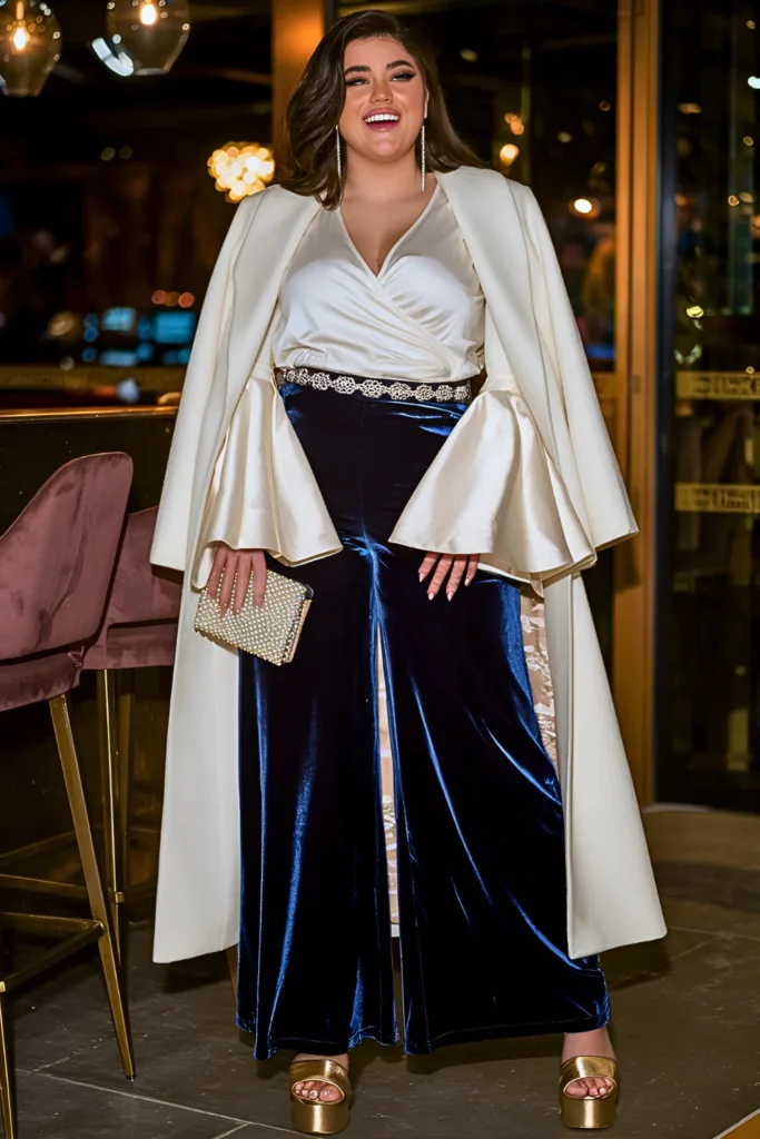 Midnight Blue Velvet Palazzo Pants with Ivory Bell-Sleeve Blouse
