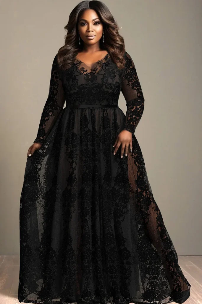 Plus Size Semi Formal Elegant Black V Neck Long Sleeve See Through Lace Maxi Dress