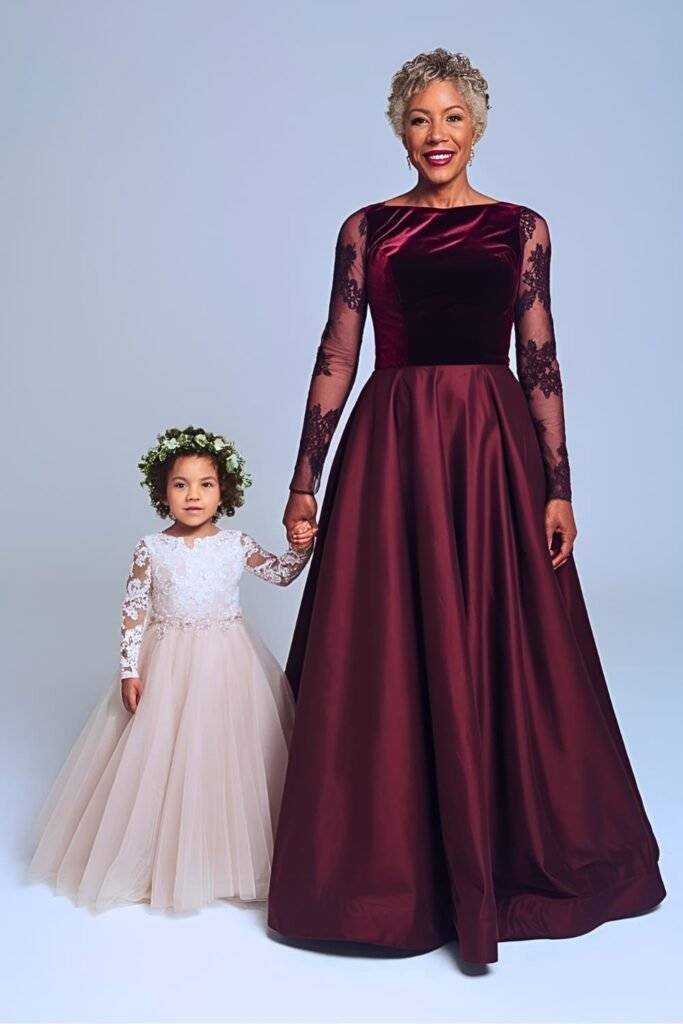 Plus Size Elegant Bordeaux Velvet A-Line Mother of the Bride Dress with Sheer Lace Sleeves