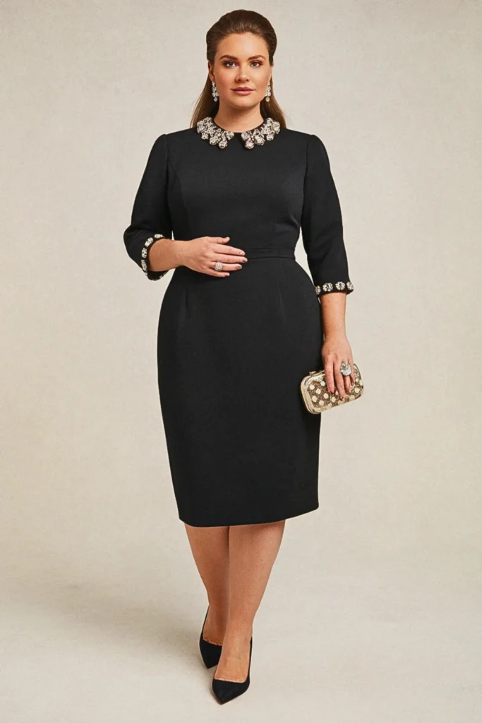 Embellished Collar Black Sheath Wedding Guest Dress
