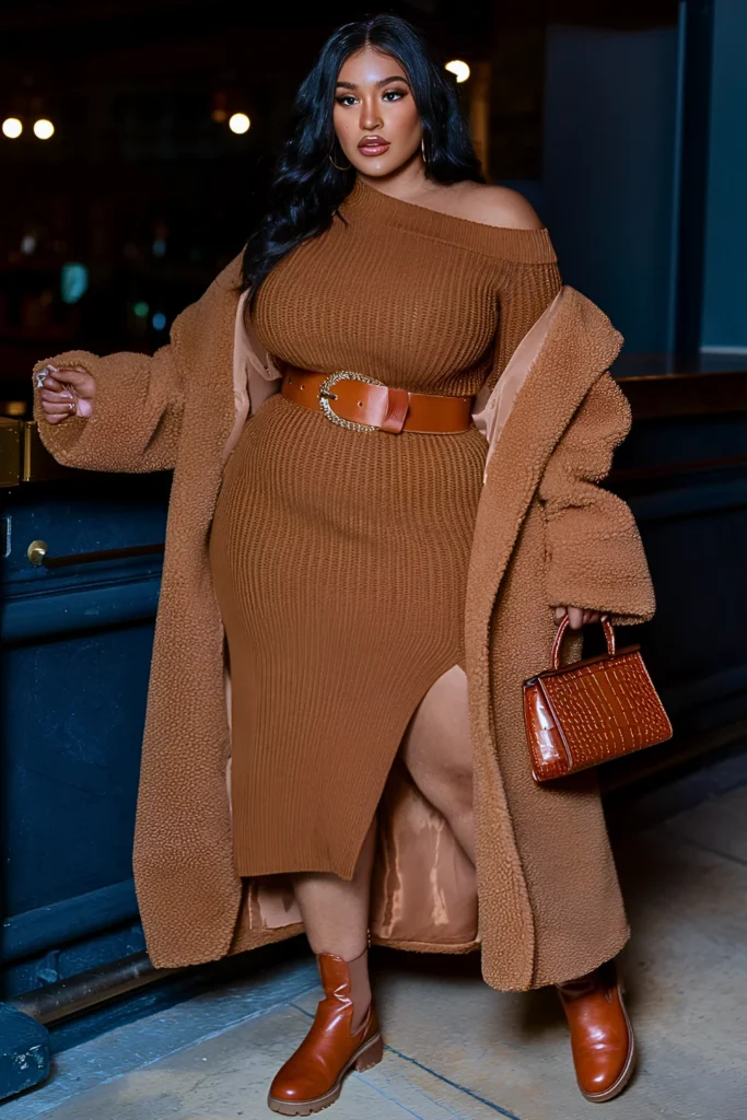 Caramel Off-Shoulder Sweater Dress with Cognac Boots