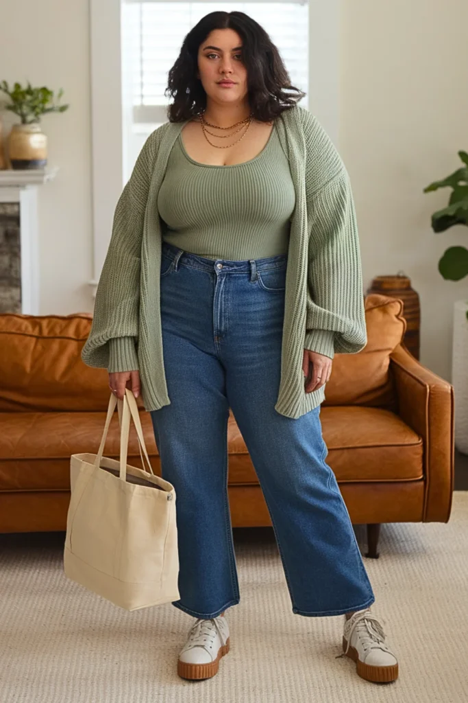 Plus Size Cardigan Set Straight Jeans Fall Winter Outfit