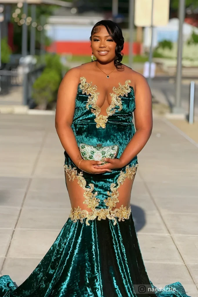Plus Size Emerald Green Gold Floral V-neckline Prom Dress