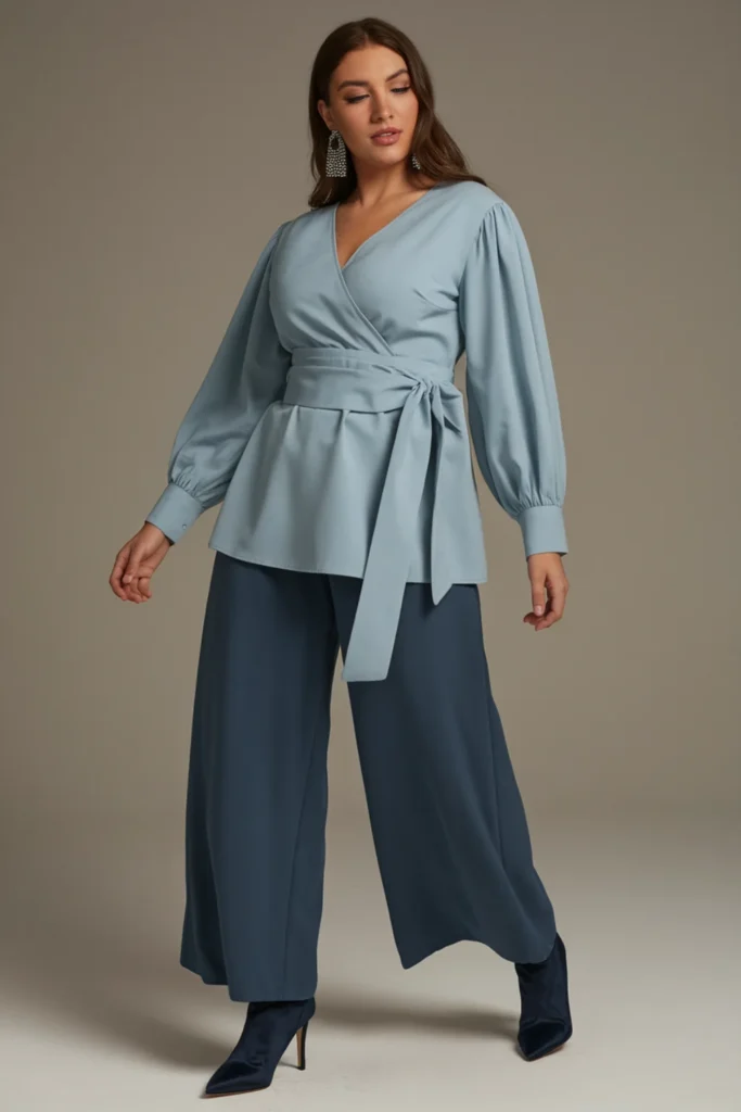 Winter Curvy Mom Wrap Top and Wide-Leg Pants Outfit