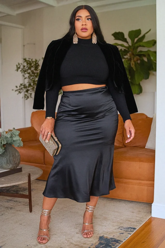 Plus Size Satin Black Midi Fall Skirt Outfit