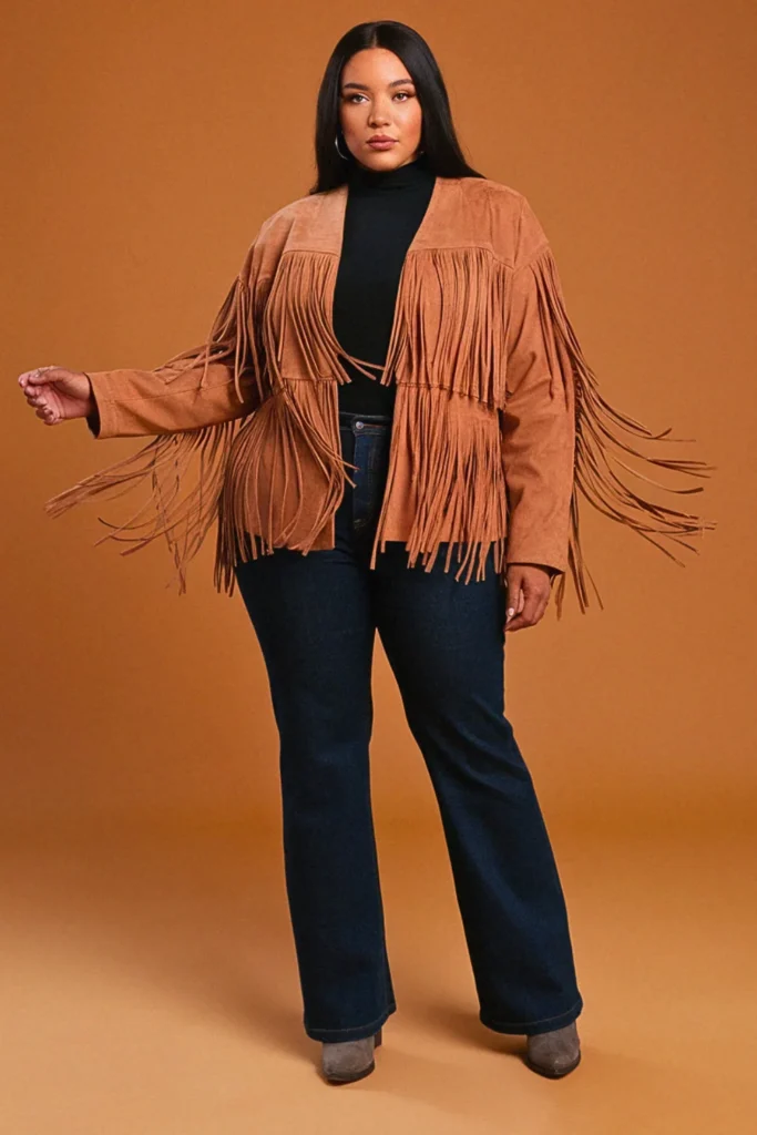 Plus Size Fall Fringed Jacket Birthday Outfit