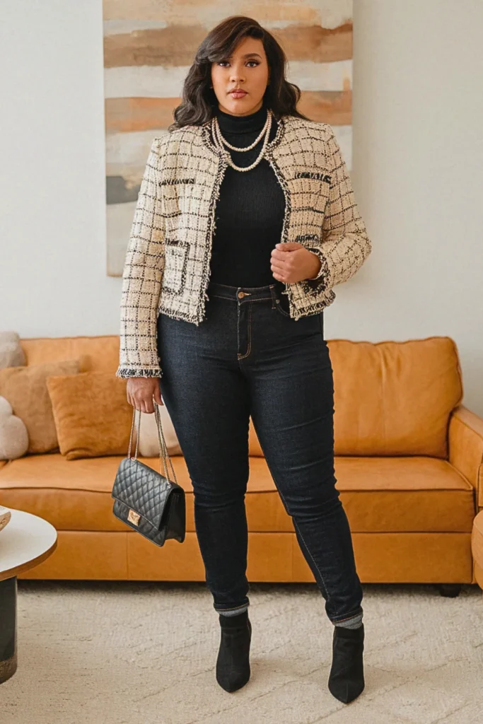 Plus Size Tweed Jacket and Dark Jean Fall Outfit