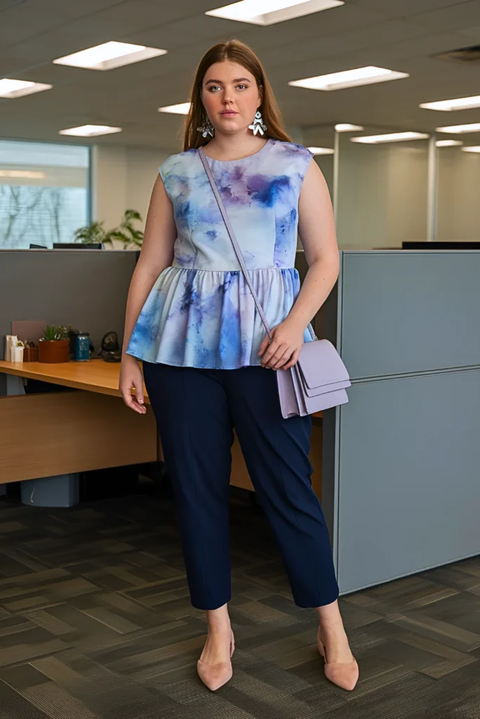 Plus Size Summer Watercolor Print Peplum Blouse and Cigarette Pants Business Casual Outfit