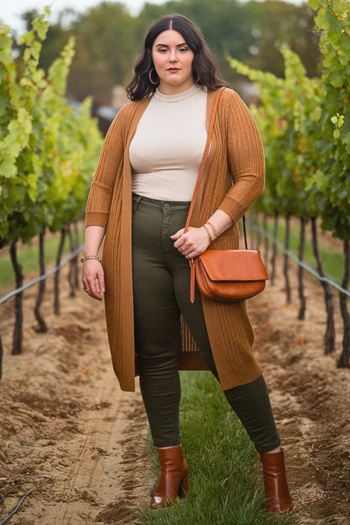 Plus Size Fall Tan Cardigan Ankle Boots Winery Outfit