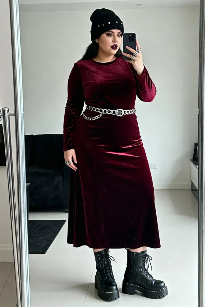 Plus Size Velvet Maxi Dress with Lace-Up Combat Boots Outfit