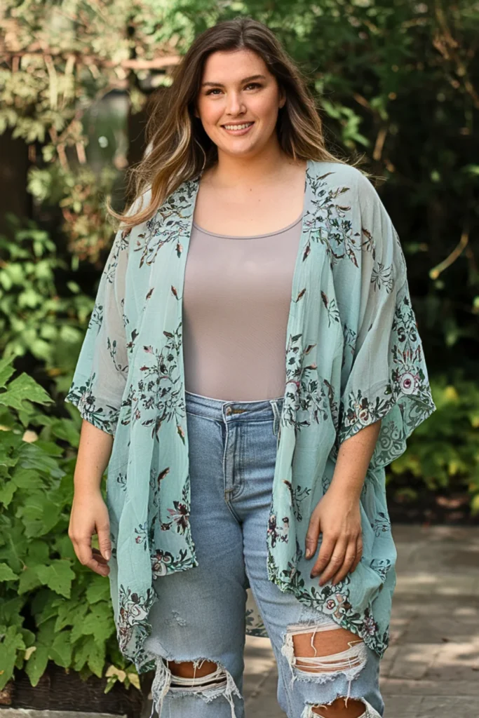 Embroidered Kimono + Distressed Boyfriend Jeans Boho Outfit