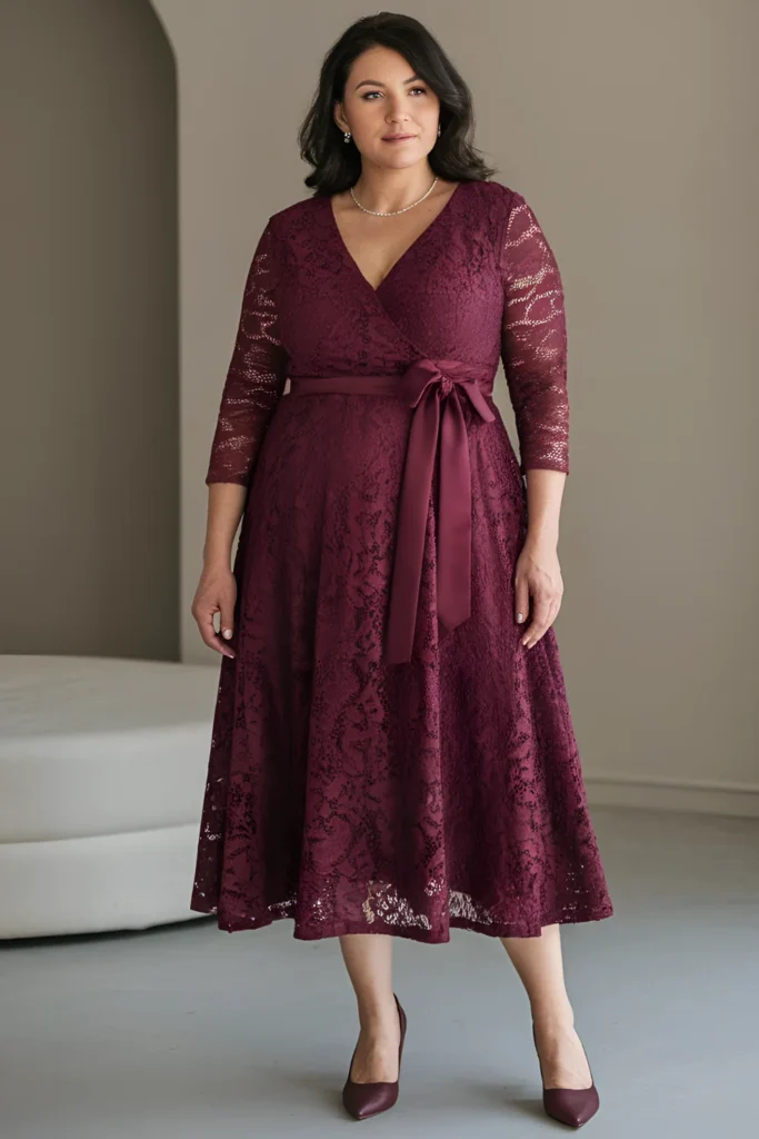 Plus Size Mother of the Groom Burgundy Wrap Dress with Tie Waist Dress
