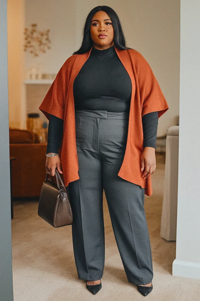 Plus Size Fall Poncho Top Pants Aesthetic Outfit