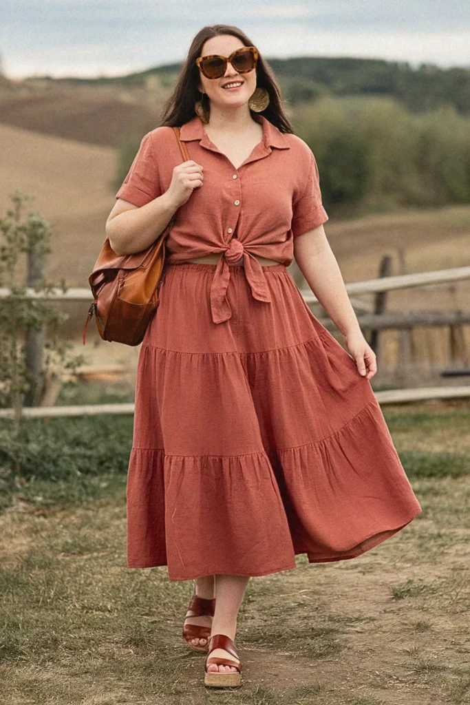 Plus Size Tiered Cotton Midi Skirt Summer Outfit