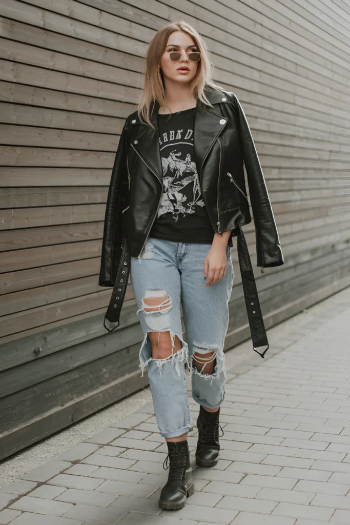 Winter black leather moto jacket Outfit