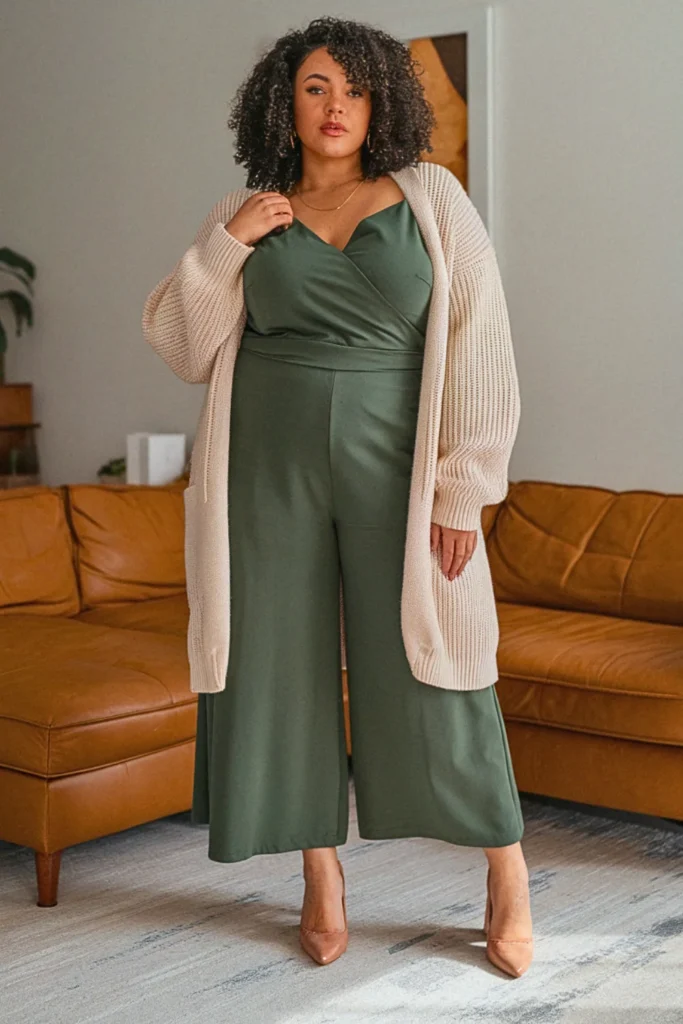 Plus Size Culotte Jumpsuit and Fitted Cardigan Dressy Fall Outfit