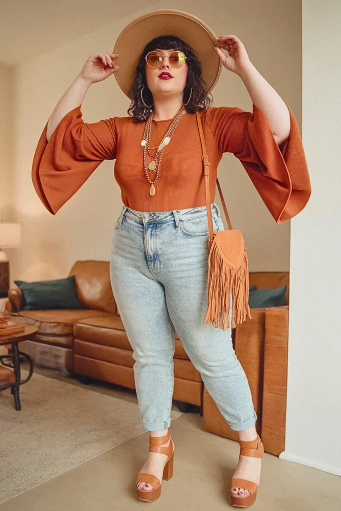 Plus Size Bell Sleeve Top Retro Fall Outfit