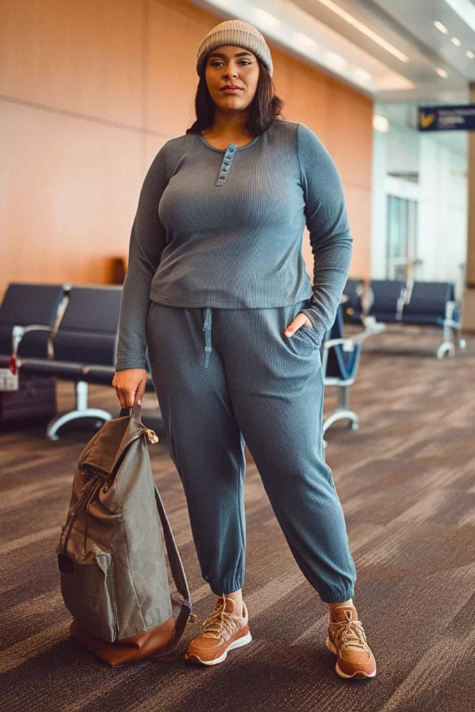 Plus Size Fall Thermal Henley and Jogger Travel Outfit