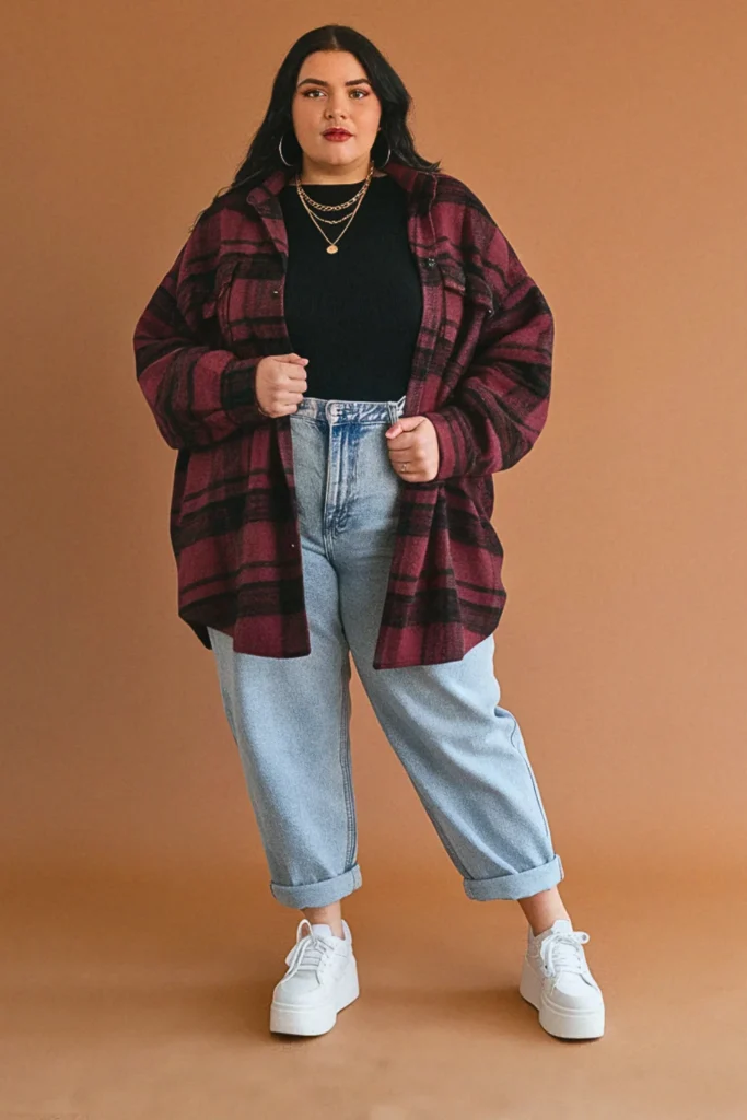 Plus Size Plaid Shacket Fall Outfit