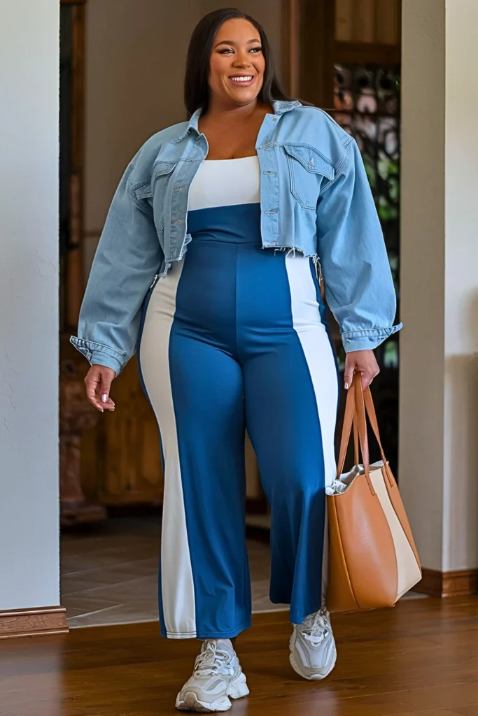 Plus Size Colorblock Jumpsuit and Denim Jacket Spring Mom Outfit