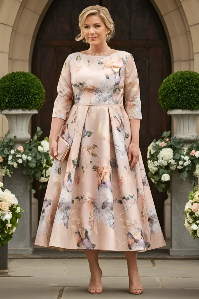 Plus Size Mother of the Bride Dusty Rose Soft Floral Print Tea-length Dress