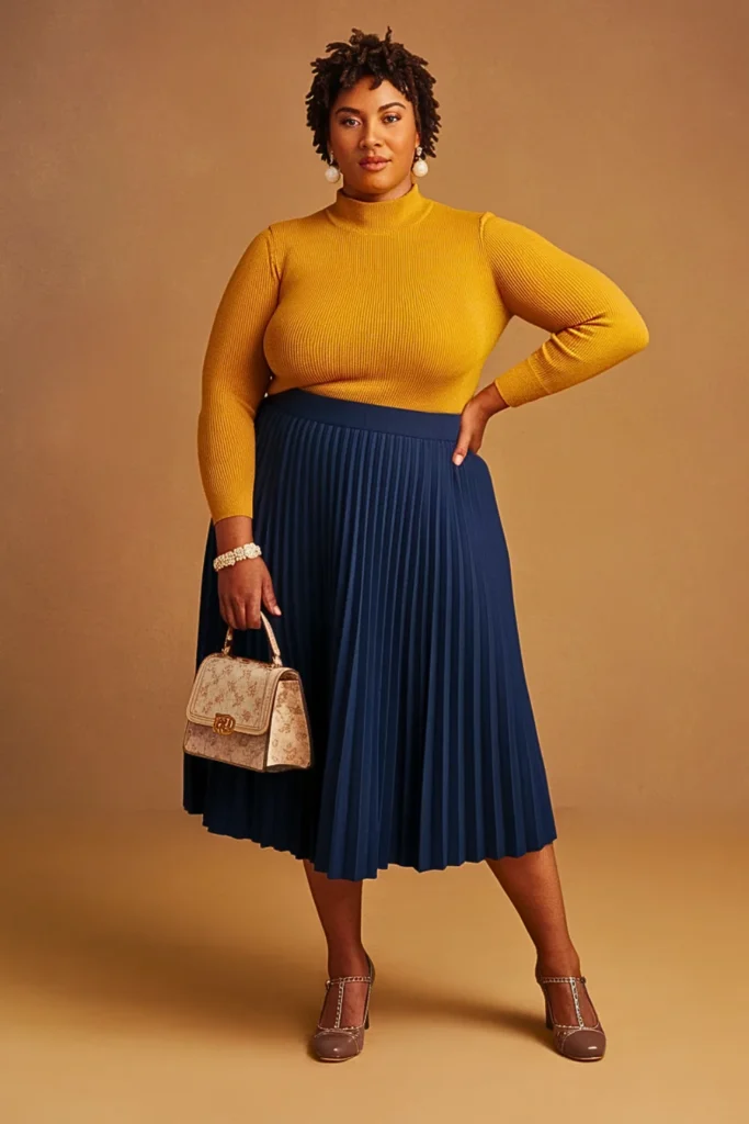 Plus Size Mock Neck Sweater and Pleated Skirt Autumn Outfit