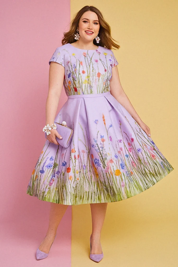 Pastel Wildflower Print Plus Size Wedding Guest Dress