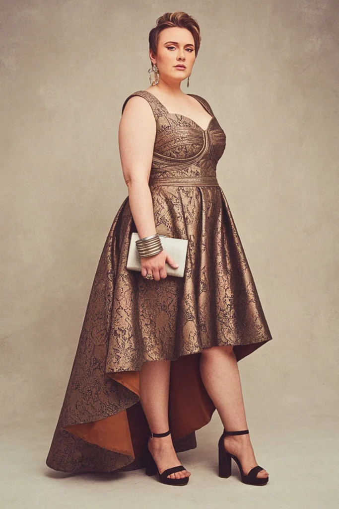 Plus Size High-Low Jacquard Pattern Wedding Guest Dress