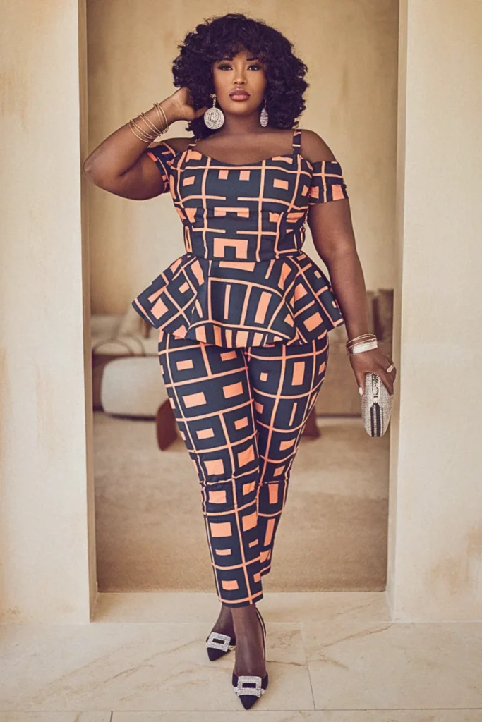 Printed Cigarette Pants with Off-Shoulder Peplum Top Birthday Outfit