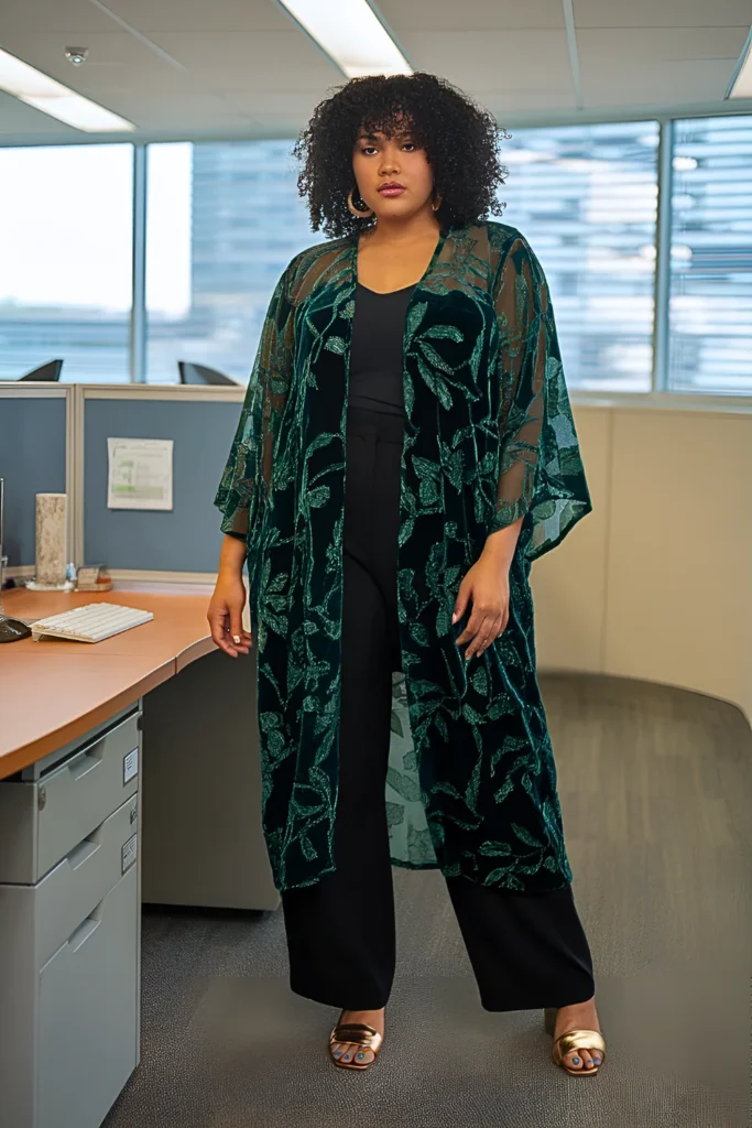 Plus Size Summer Burnout Velvet Kimono and Straight-Leg Pants Business Casual Outfit