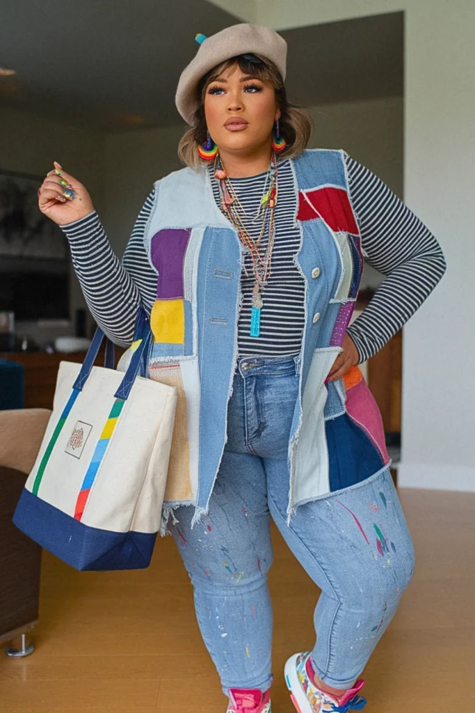 Plus Size Patchwork Denim Vest Eclectic Artist Fall Outfit