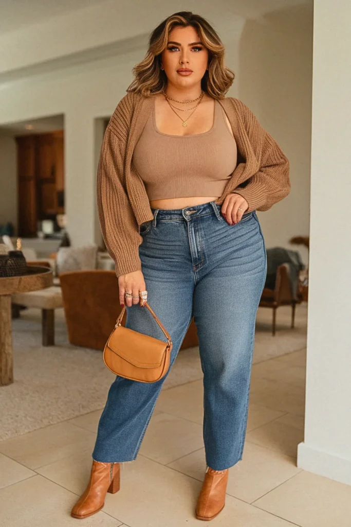 Plus Size Crop Cardigan High Waist Jeans Fall Outfit