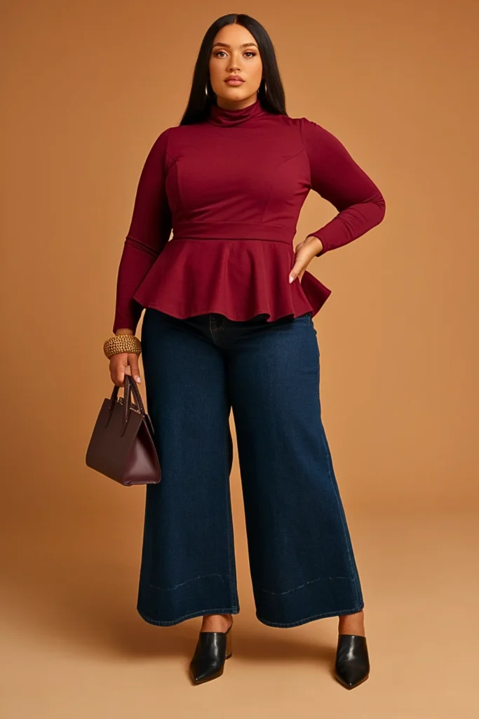 Plus Size Casual Peplum Top and Wide Leg Jeans Autumn Outfit