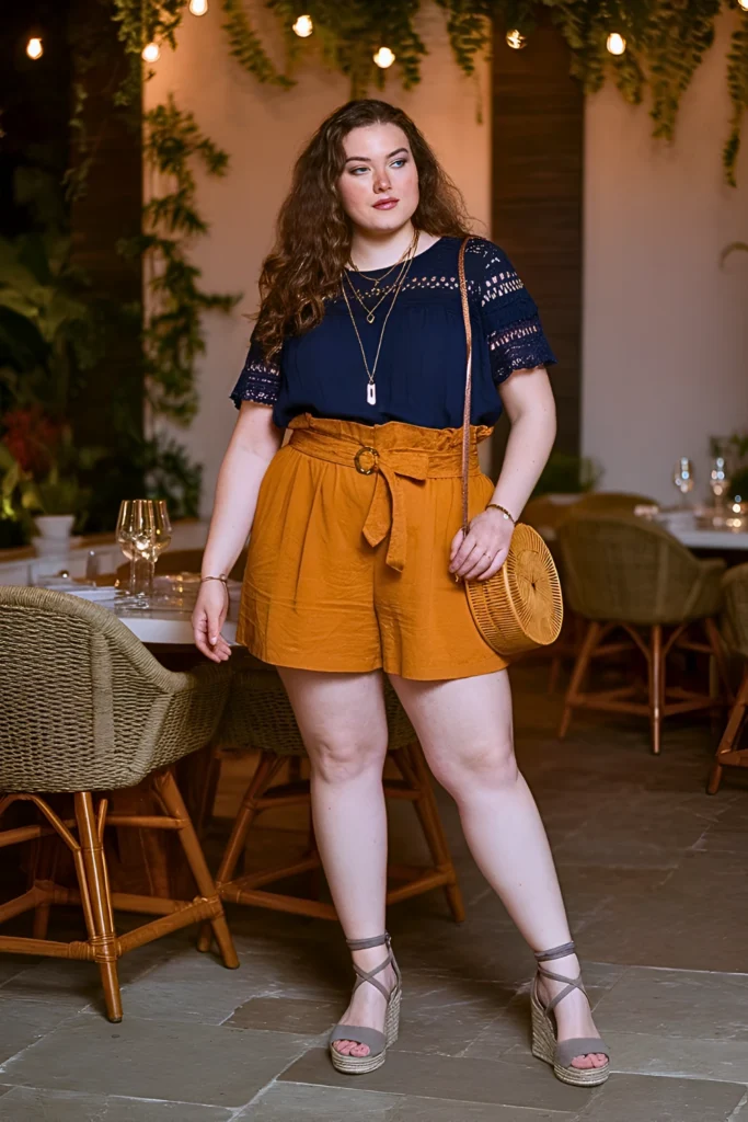 Plus Size Summer Belted Paper-Bag Shorts Combo Date Night Outfit