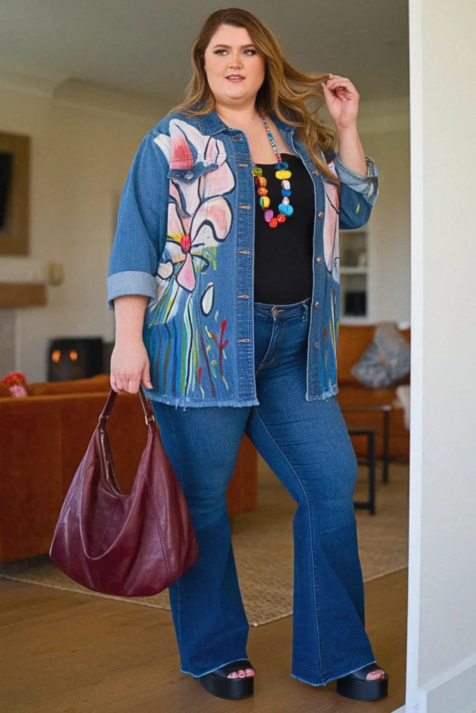 Plus Size Summer Hand-Painted Denim Jacket with Flare Jeans Outfit