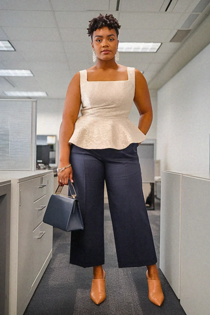 Plus Size Summer Floral Jacquard Peplum Top & Crop Trouser Office Outfit