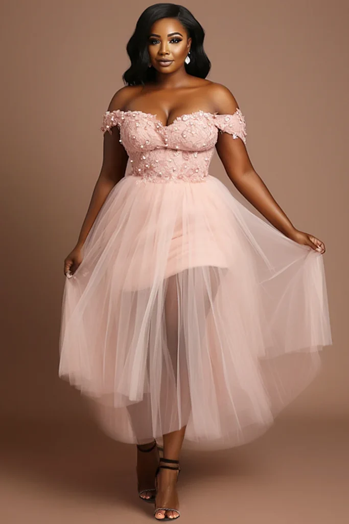 Plus Size Valentines Pink Off The Shoulder Asymmetric Hem Pearls Tulle Maxi Dress